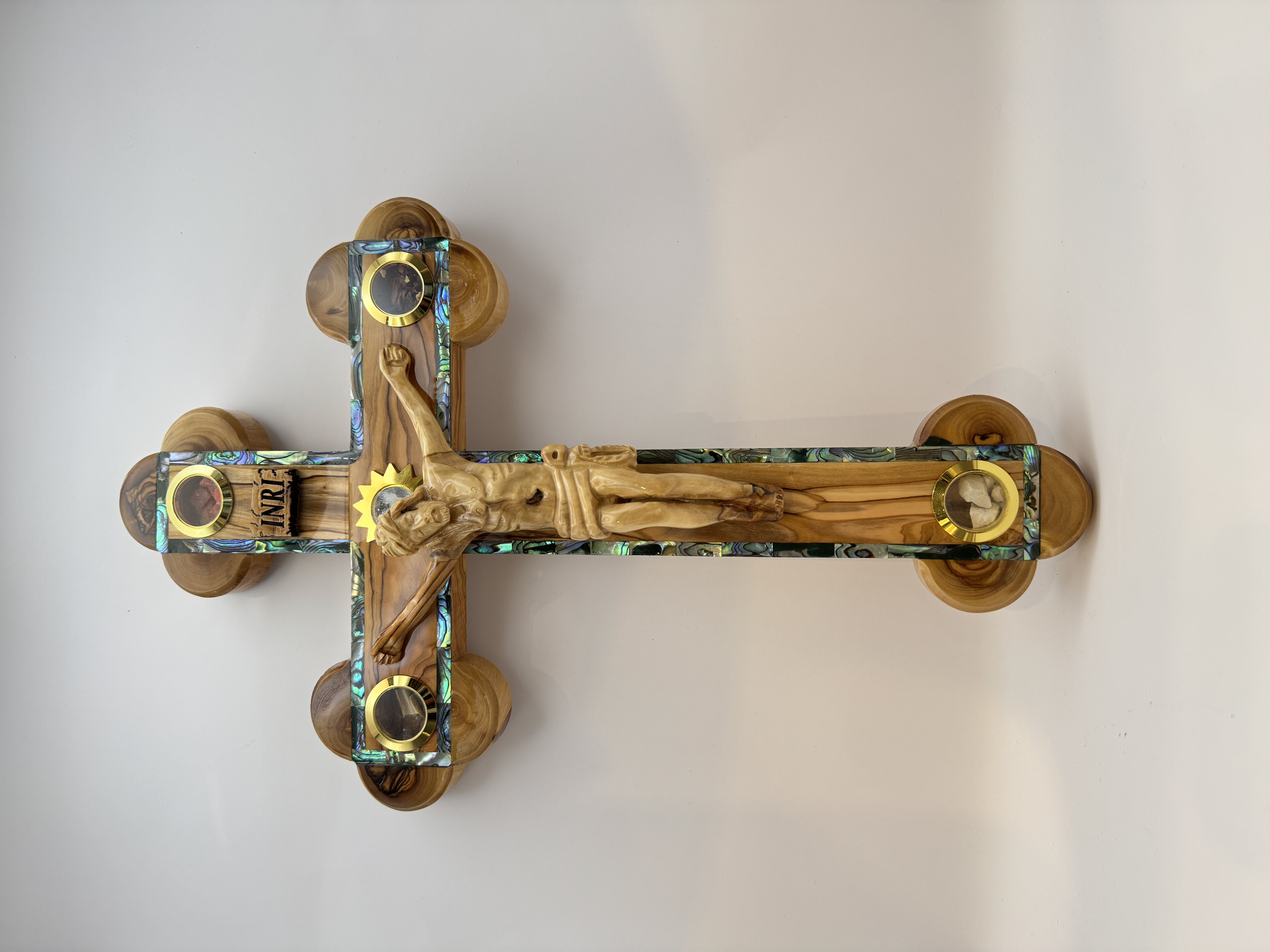 Seashells Olive Wood Crucifix with Holy Relics from Jerusalem