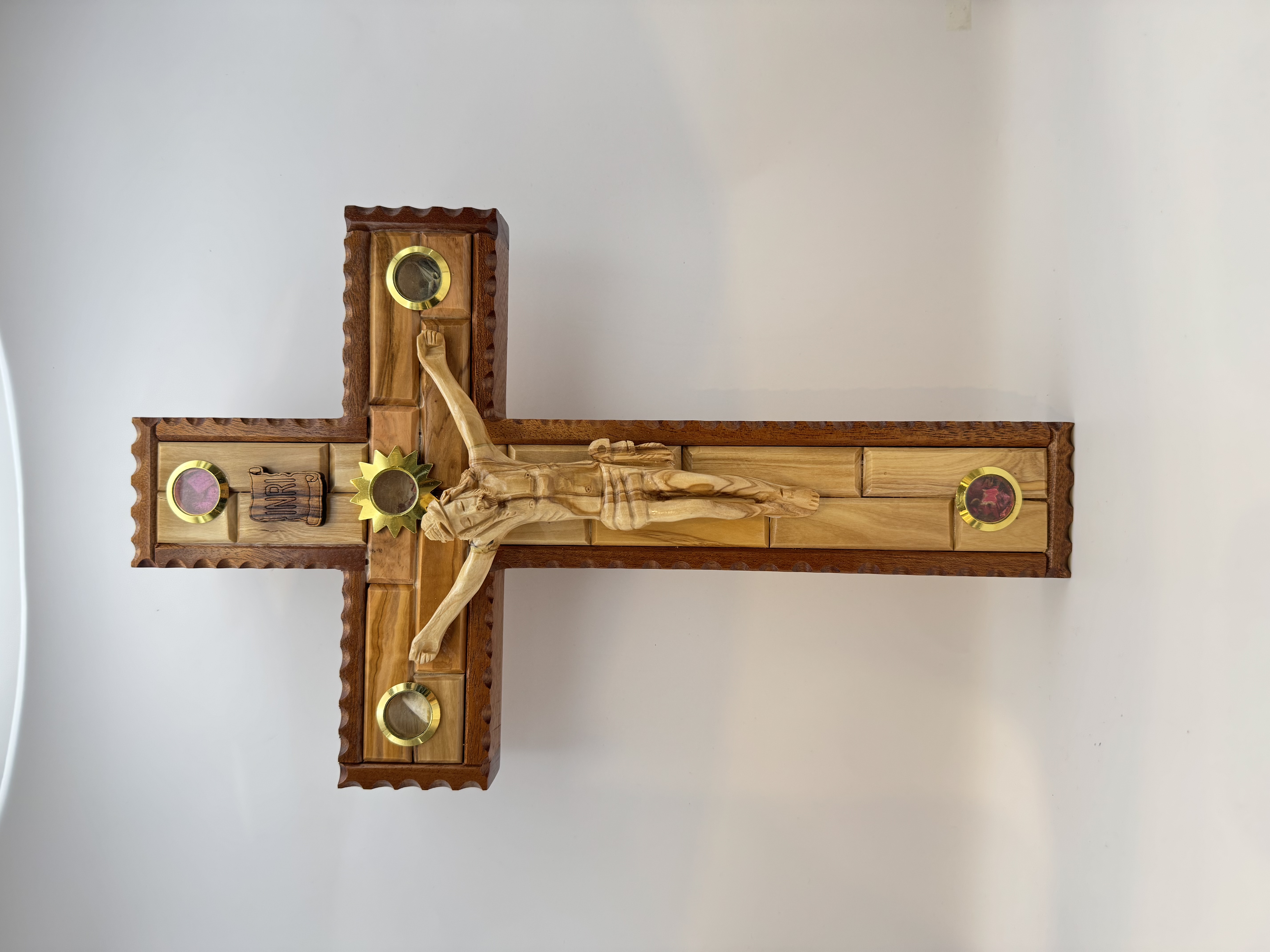 Rectangular Olive Wood Crucifix with Holy Relics from Jerusalem